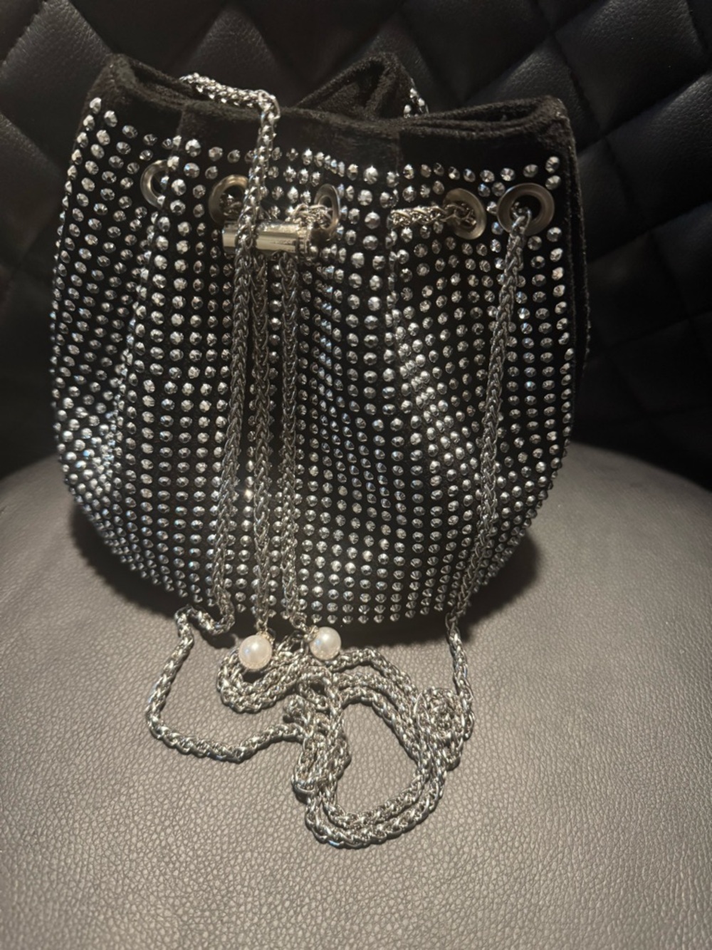 Black Rhinestone Drawstring Mini Bucket Bag with Silver Chain